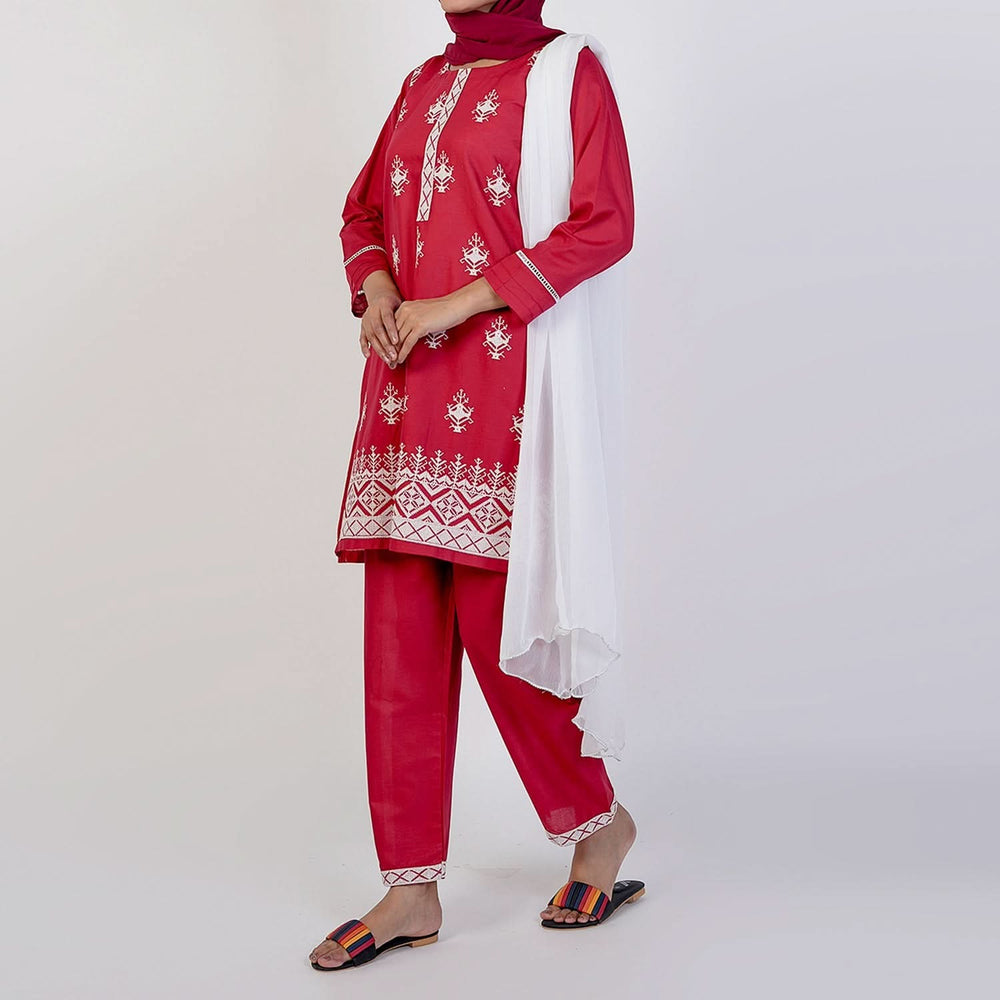 Women's Cotton Embroidered 3Pcs Suit -Red, Women Shalwar Suits, Chase Value, Chase Value