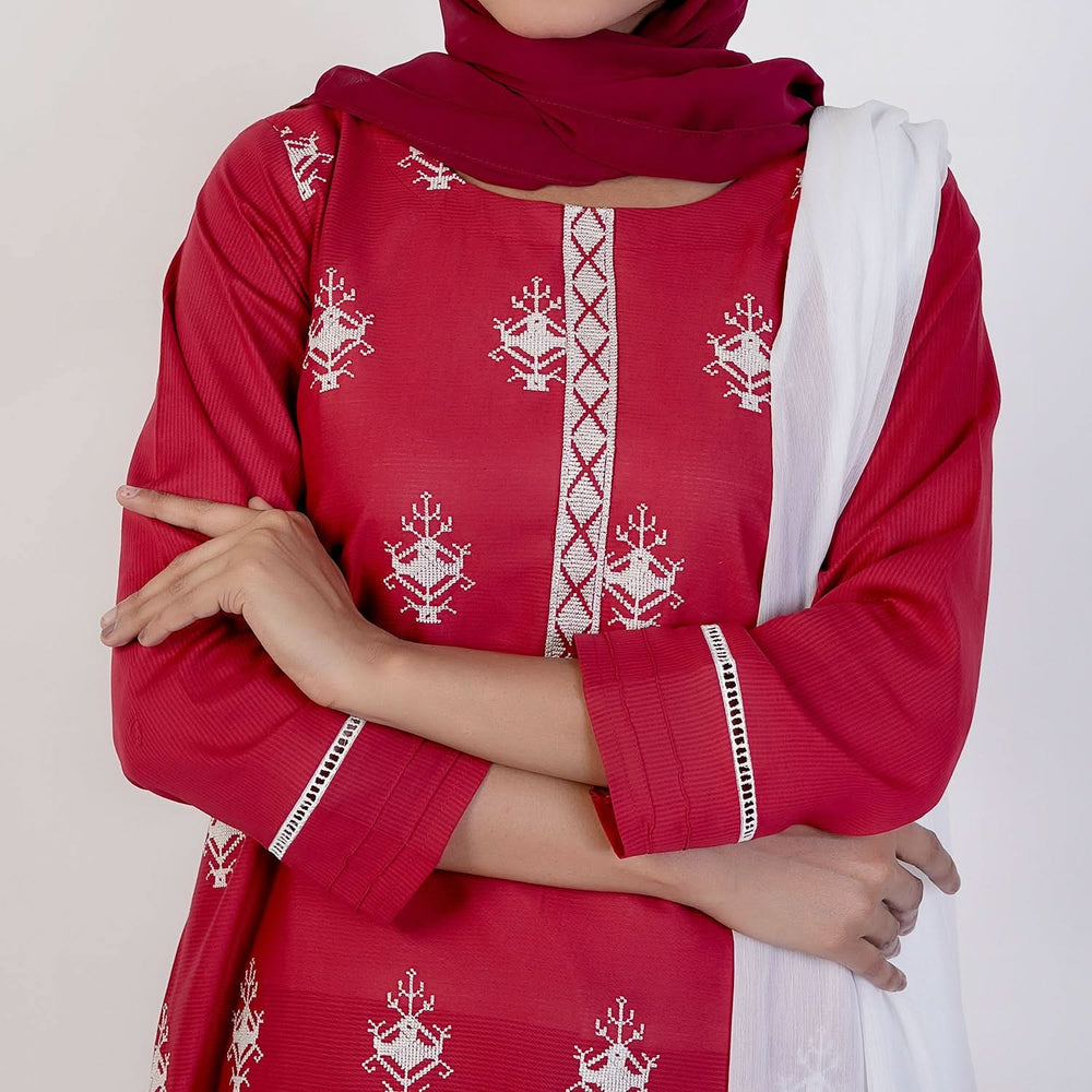 Women's Cotton Embroidered 3Pcs Suit -Red, Women Shalwar Suits, Chase Value, Chase Value