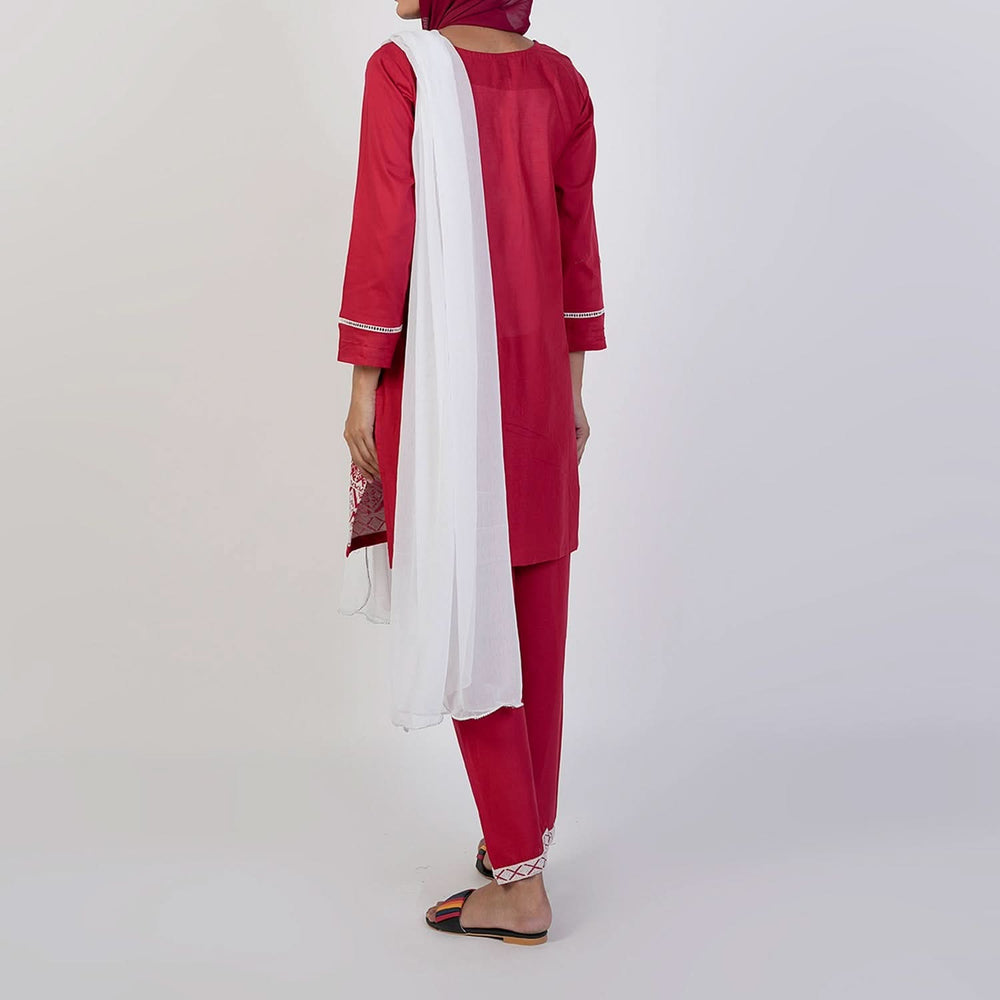 Women's Cotton Embroidered 3Pcs Suit -Red, Women Shalwar Suits, Chase Value, Chase Value