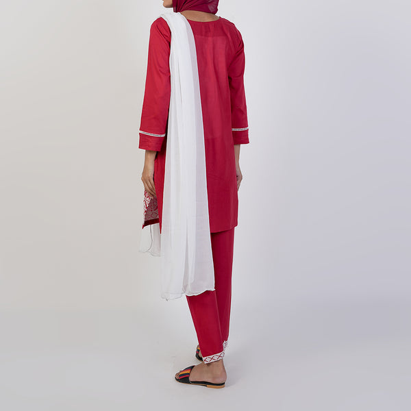 Women's Cotton Embroidered 3Pcs Suit -Red