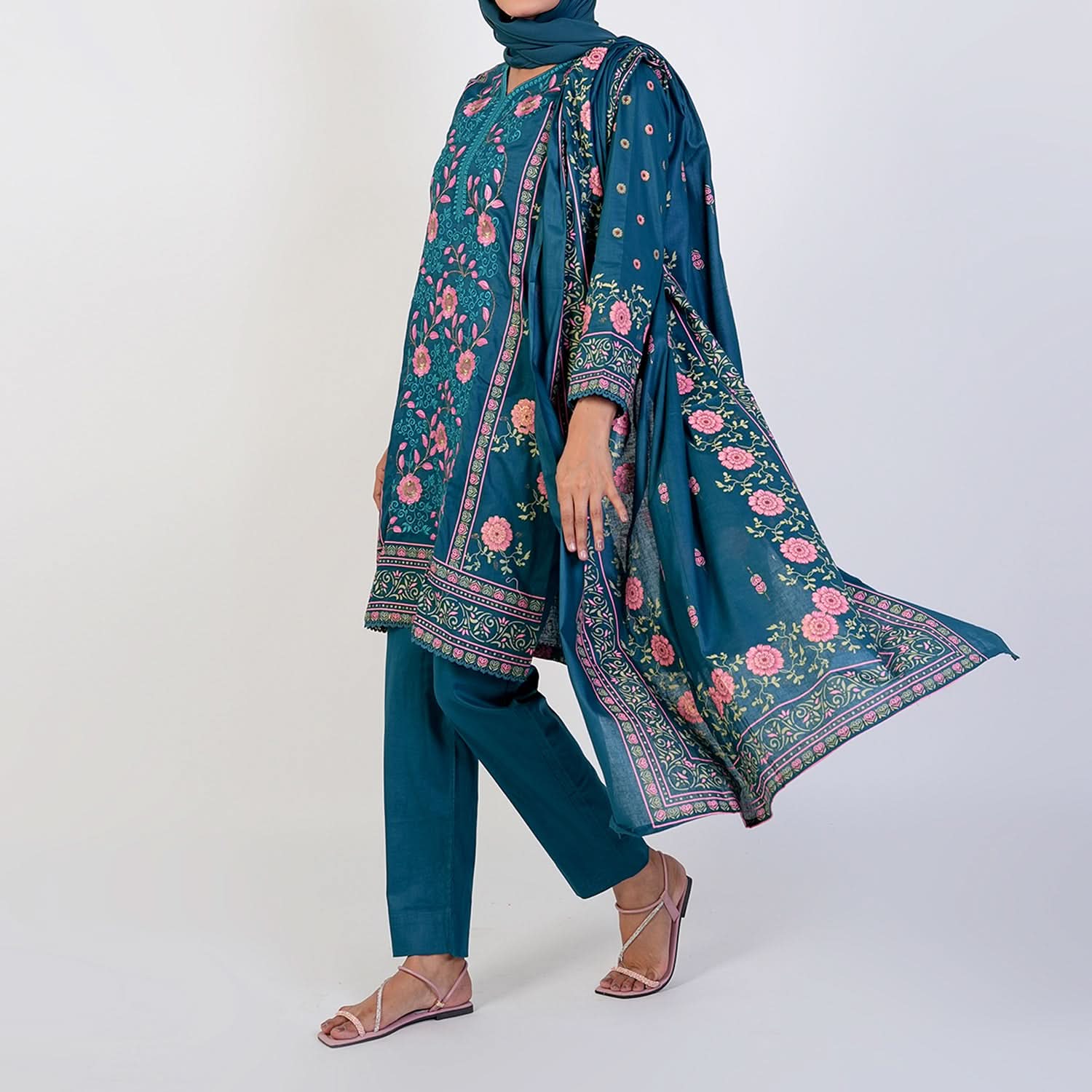 Women’s Stitched 3-Piece Cotton Suit – Teal Blue, Women Shalwar Suits, Chase Value, Chase Value