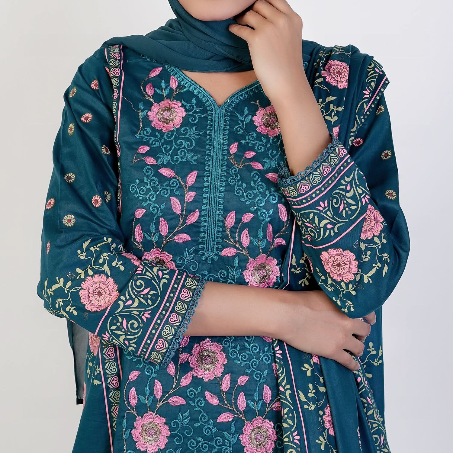 Women’s Stitched 3-Piece Cotton Suit – Teal Blue, Women Shalwar Suits, Chase Value, Chase Value