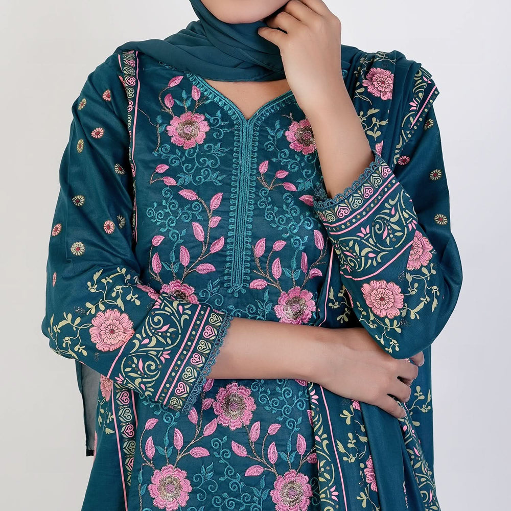 Women’s Stitched 3-Piece Cotton Suit – Teal Blue, Women Shalwar Suits, Chase Value, Chase Value