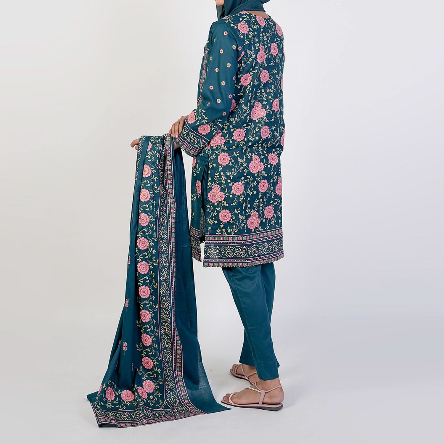 Women’s Stitched 3-Piece Cotton Suit – Teal Blue, Women Shalwar Suits, Chase Value, Chase Value
