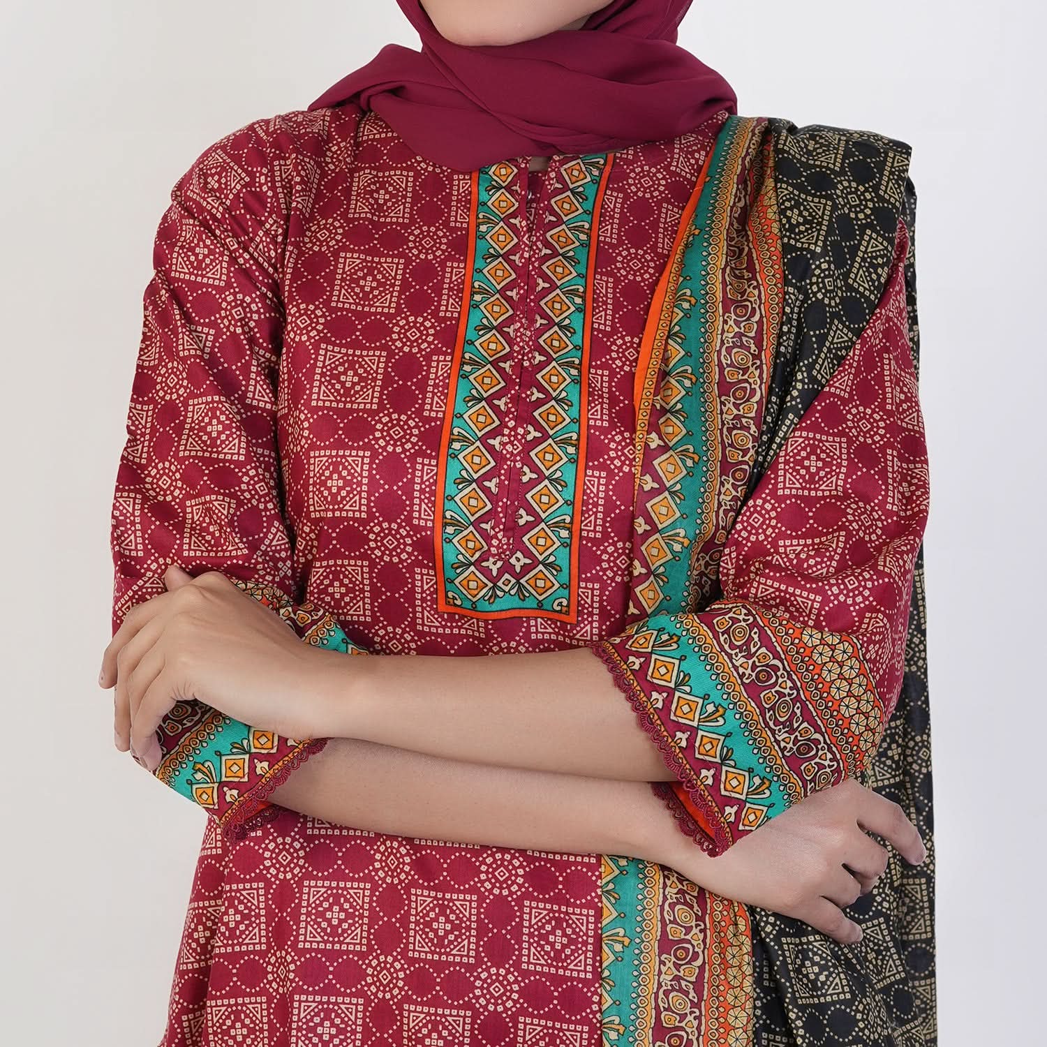 Women's Printed Stitched 3 PCS Suit - Maroon, Women Shalwar Suits, Chase Value, Chase Value