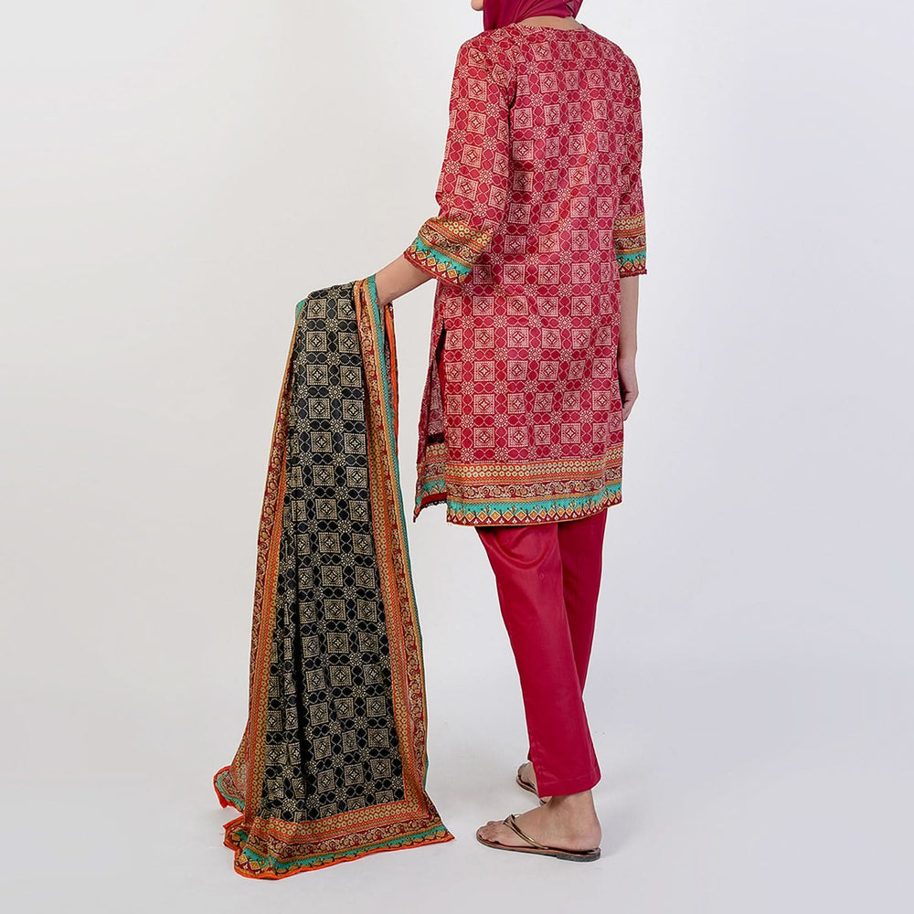 Women's Printed Stitched 3 PCS Suit - Maroon, Women Shalwar Suits, Chase Value, Chase Value