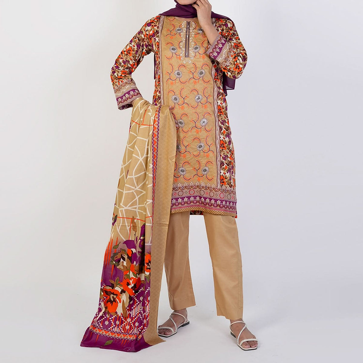 Women's Printed 3 Pcs Suit - Brown, Women Shalwar Suits, Chase Value, Chase Value
