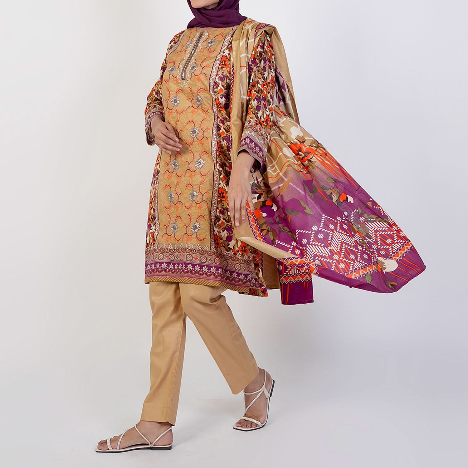 Women's Printed 3 Pcs Suit - Brown, Women Shalwar Suits, Chase Value, Chase Value