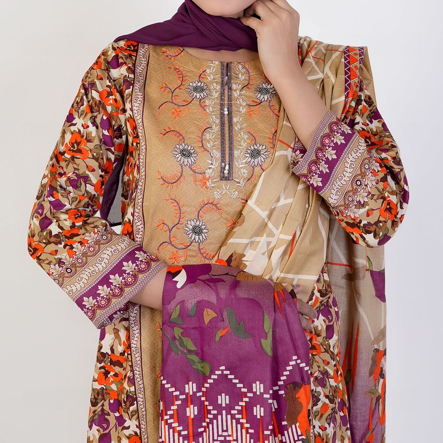 Women's Printed 3 Pcs Suit - Brown, Women Shalwar Suits, Chase Value, Chase Value
