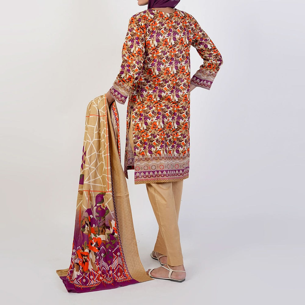 Women's Printed 3 Pcs Suit - Brown, Women Shalwar Suits, Chase Value, Chase Value