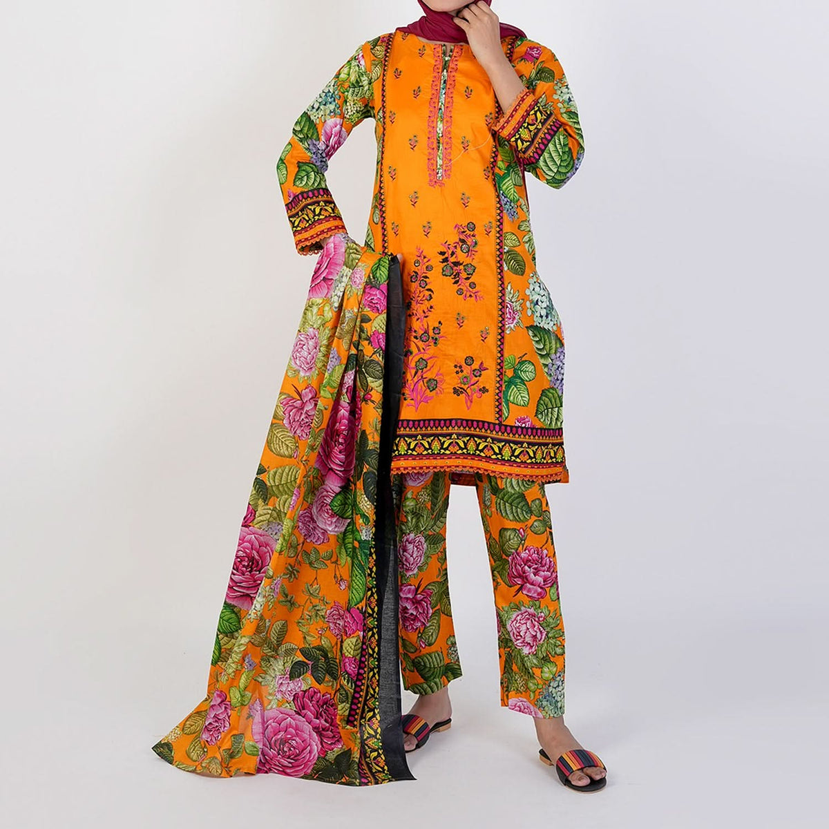 Women's Printed 3 Pcs Suit - Yellow, Women Shalwar Suits, Chase Value, Chase Value