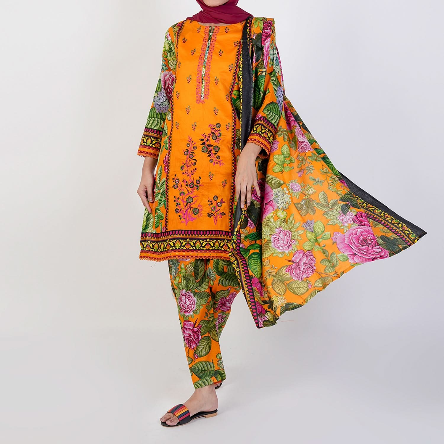 Women's Printed 3 Pcs Suit - Yellow, Women Shalwar Suits, Chase Value, Chase Value