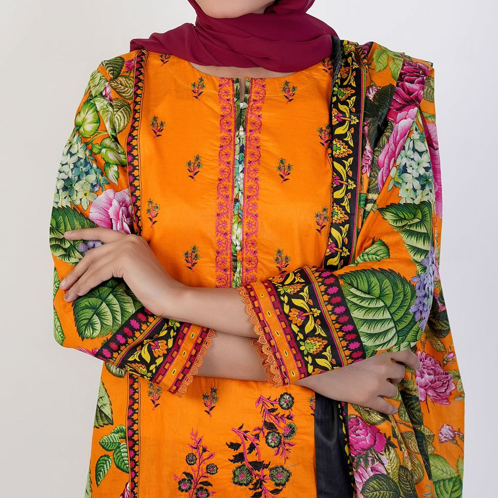 Women's Printed 3 Pcs Suit - Yellow, Women Shalwar Suits, Chase Value, Chase Value