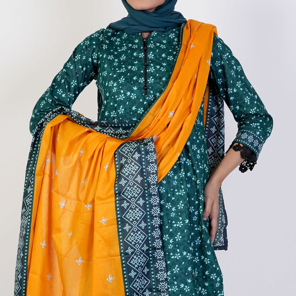 Women's Printed Stitched 3 PCS Suit - Green, Women Shalwar Suits, Chase Value, Chase Value