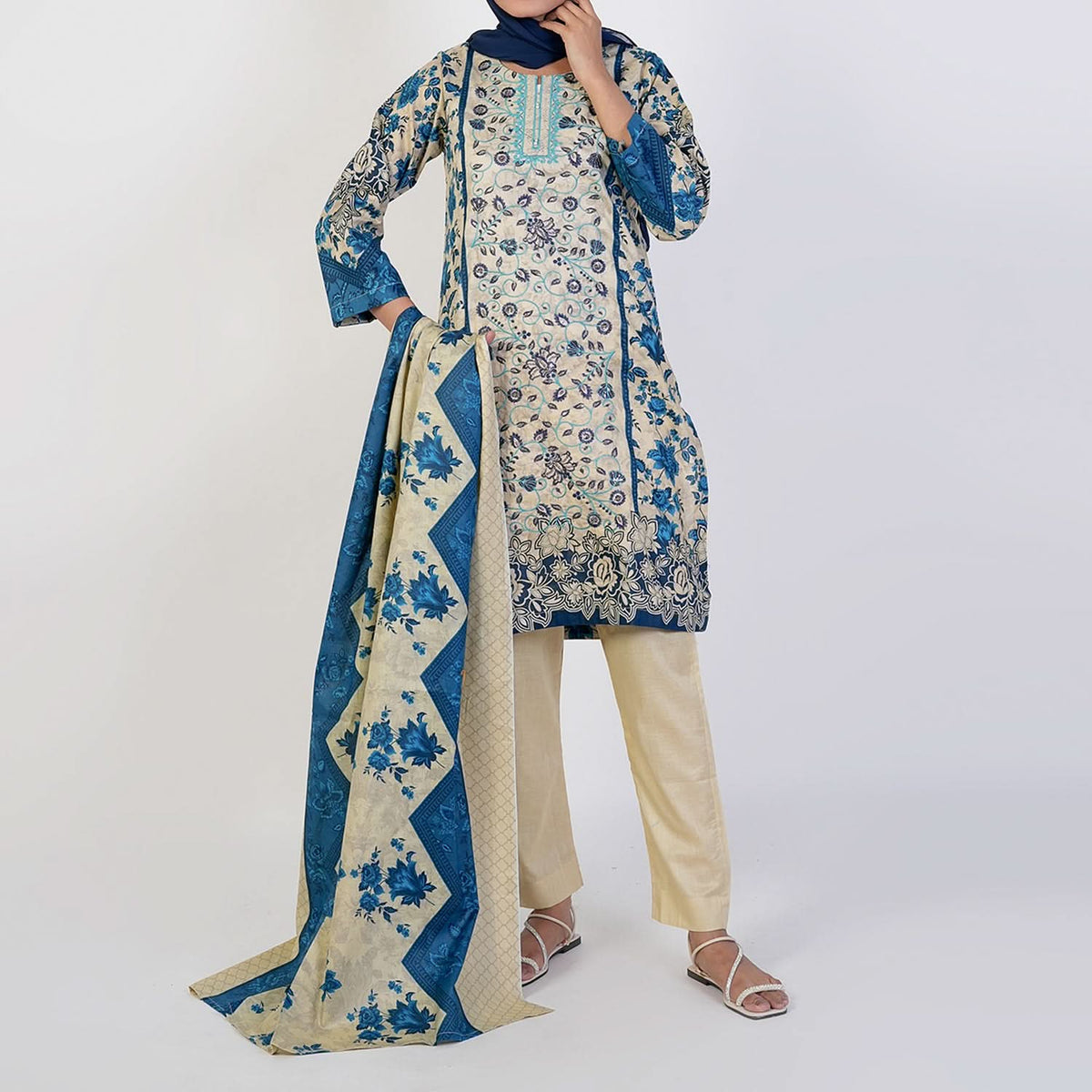 Women's Printed 3 Pcs Suit - Blue, Women Shalwar Suits, Chase Value, Chase Value