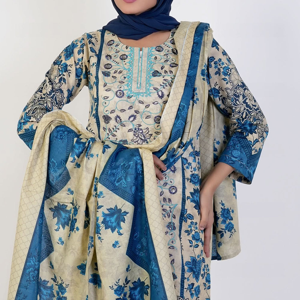 Women's Printed 3 Pcs Suit - Blue, Women Shalwar Suits, Chase Value, Chase Value