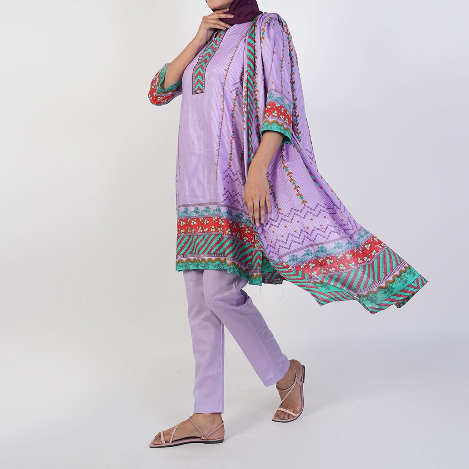 Women's Printed Stitched 3 PCS Suit - Purple, Women Shalwar Suits, Chase Value, Chase Value