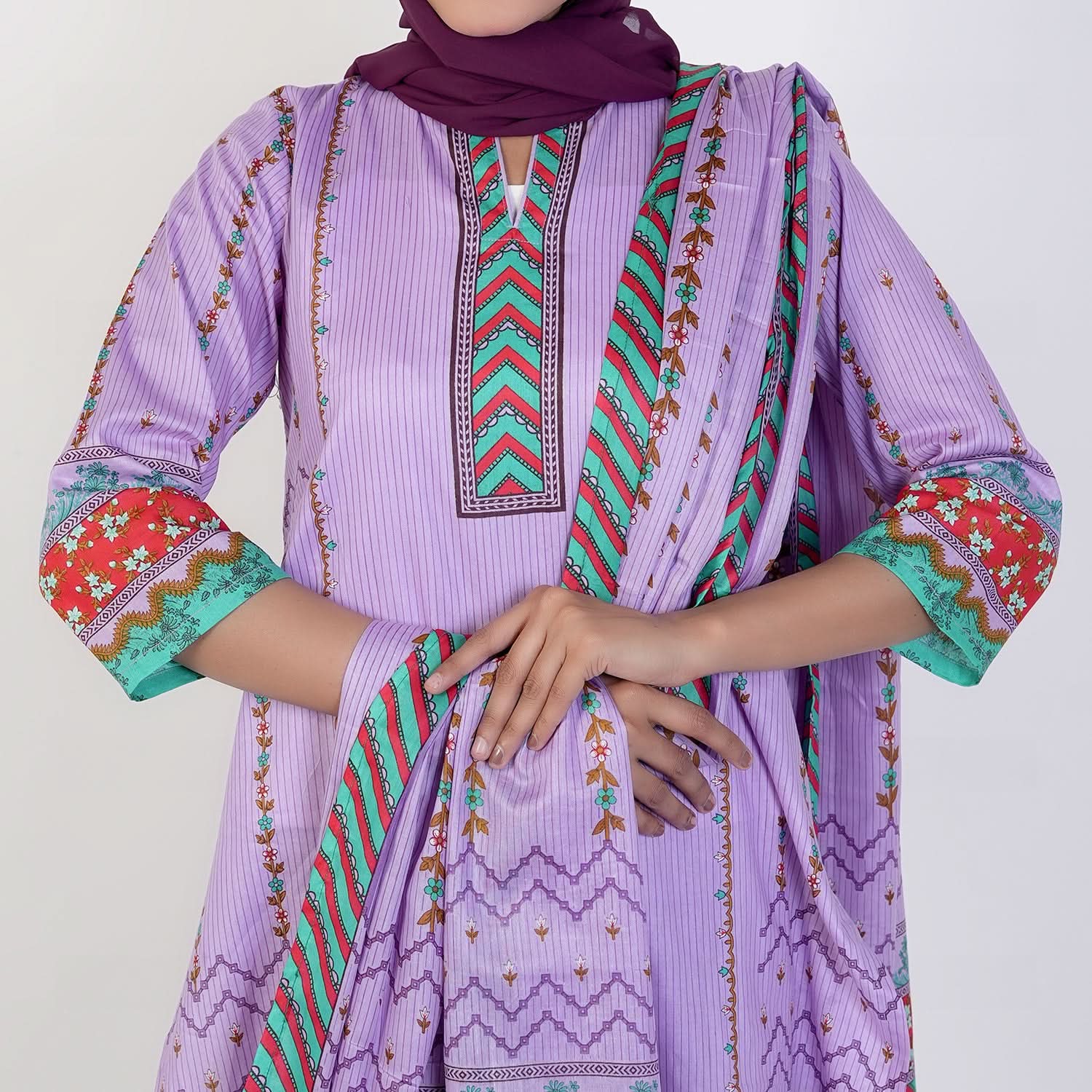 Women's Printed Stitched 3 PCS Suit - Purple, Women Shalwar Suits, Chase Value, Chase Value