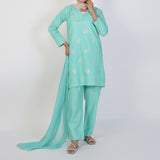 Women's Cotton Embroidered 3Pcs Suit -Cyan, Women Shalwar Suits, Chase Value, Chase Value
