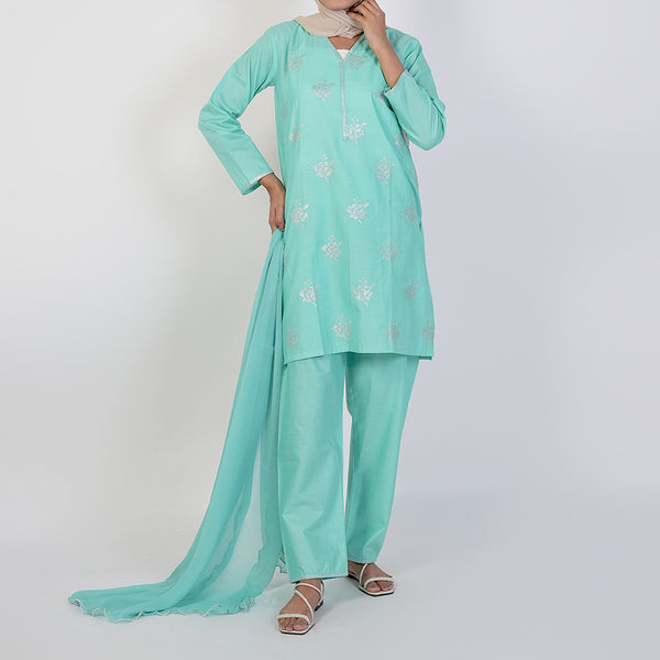 Women's Cotton Embroidered 3Pcs Suit -Cyan