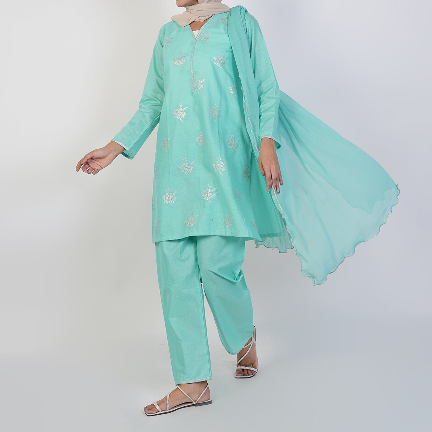 Women's Cotton Embroidered 3Pcs Suit -Cyan, Women Shalwar Suits, Chase Value, Chase Value