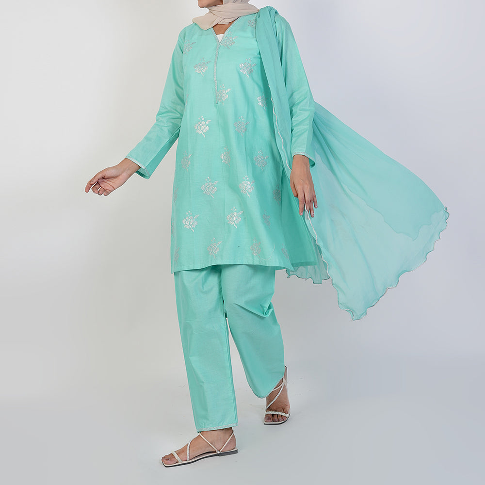 Women's Cotton Embroidered 3Pcs Suit -Cyan, Women Shalwar Suits, Chase Value, Chase Value
