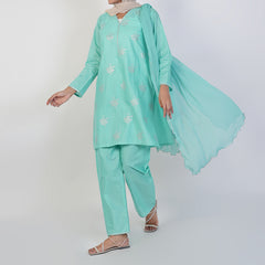 Women's Cotton Embroidered 3Pcs Suit -Cyan
