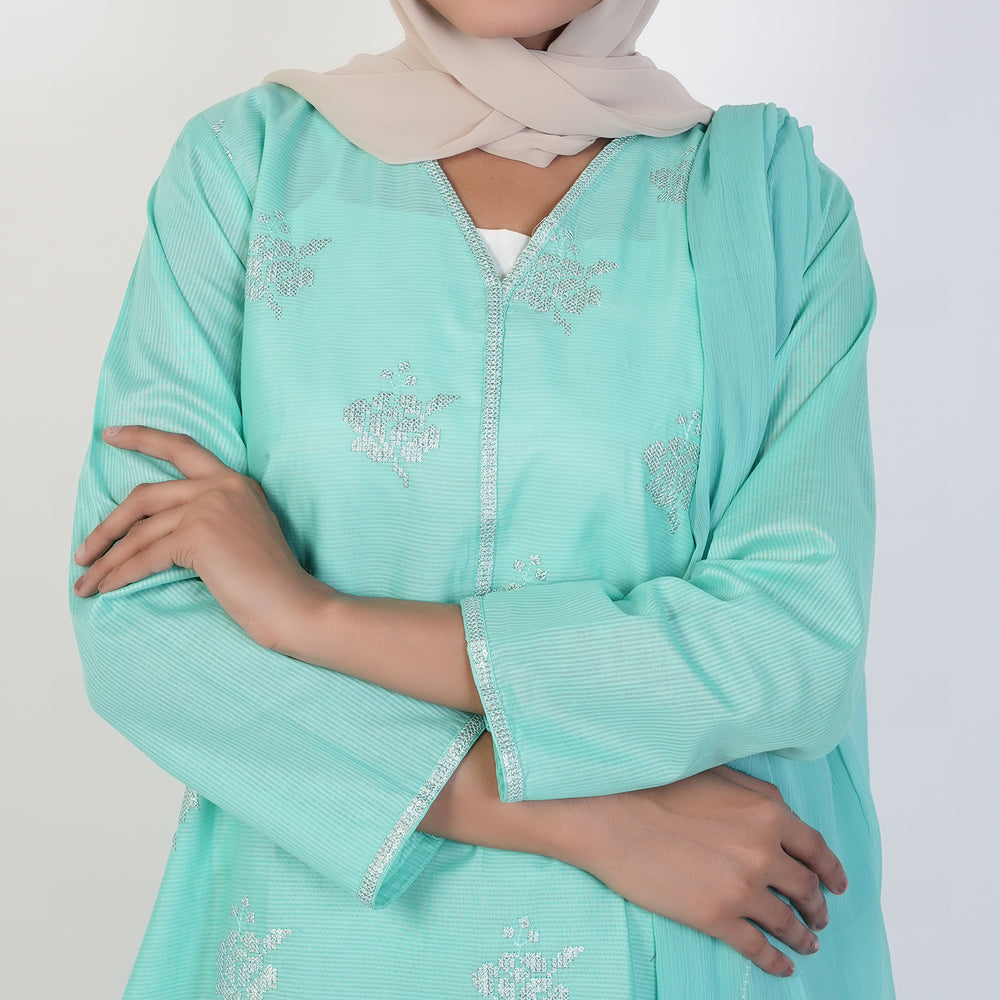 Women's Cotton Embroidered 3Pcs Suit -Cyan, Women Shalwar Suits, Chase Value, Chase Value