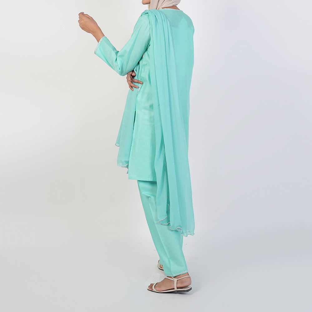 Women's Cotton Embroidered 3Pcs Suit -Cyan, Women Shalwar Suits, Chase Value, Chase Value