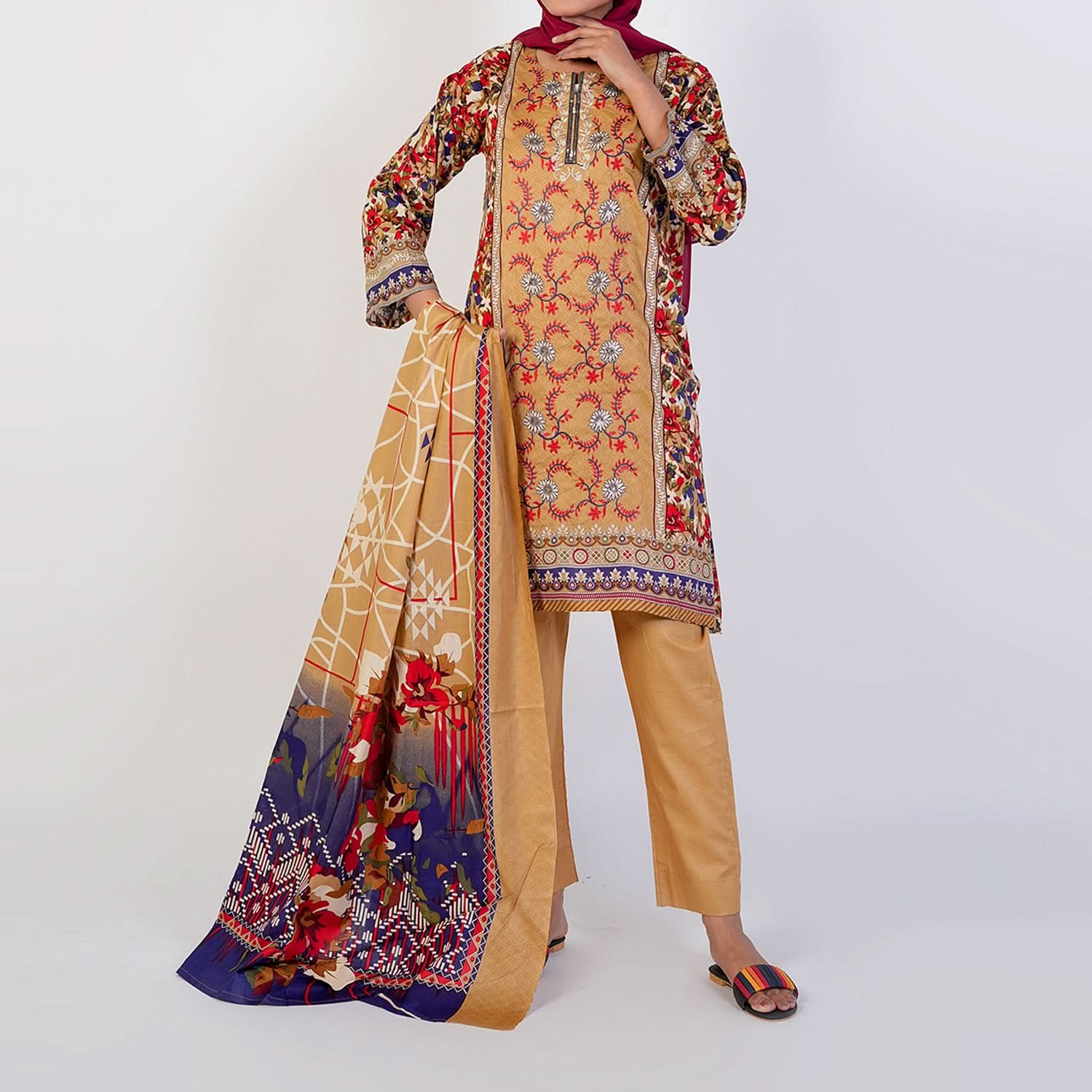 Women's Printed 3 Pcs Suit - Brown, Women Shalwar Suits, Chase Value, Chase Value