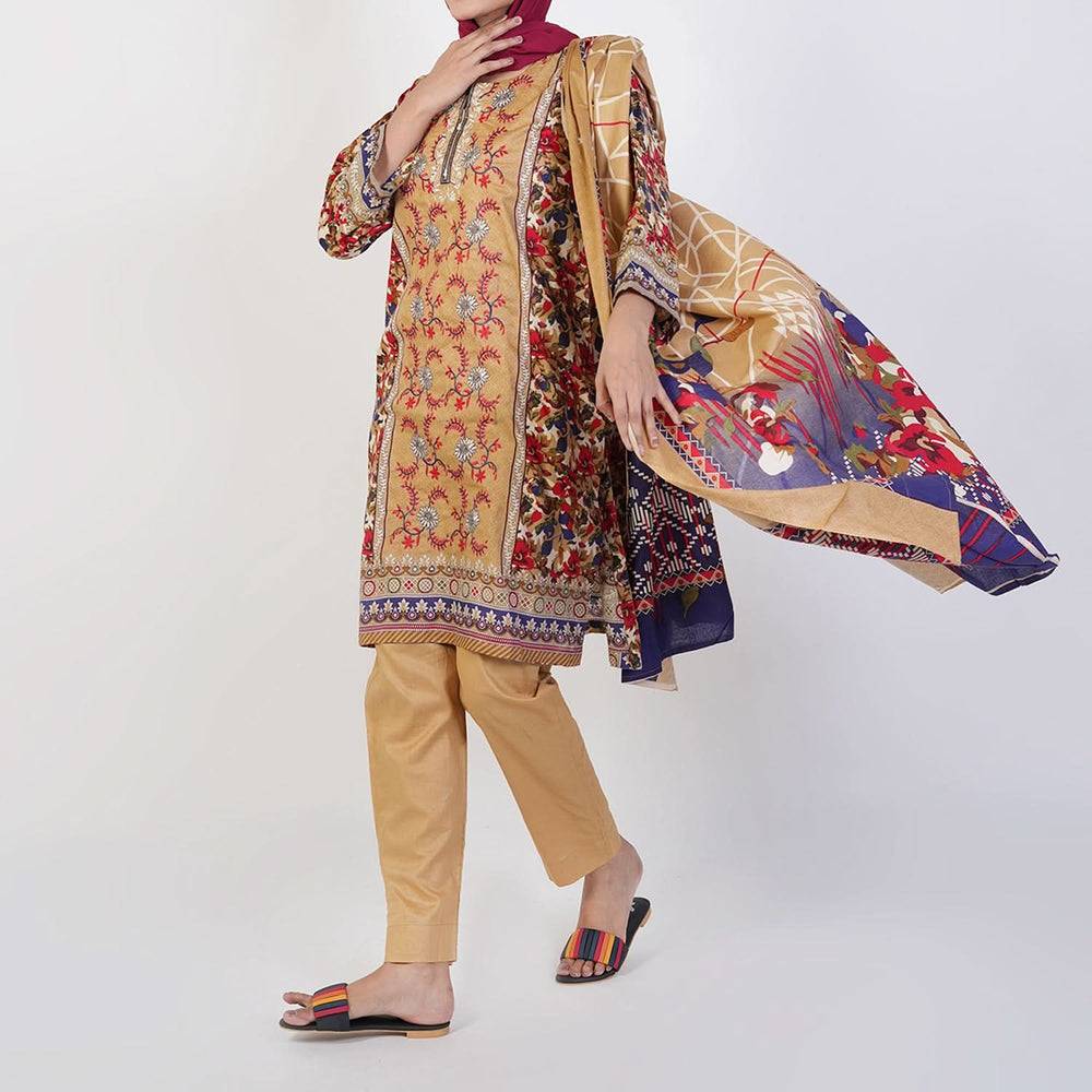 Women's Printed 3 Pcs Suit - Brown, Women Shalwar Suits, Chase Value, Chase Value
