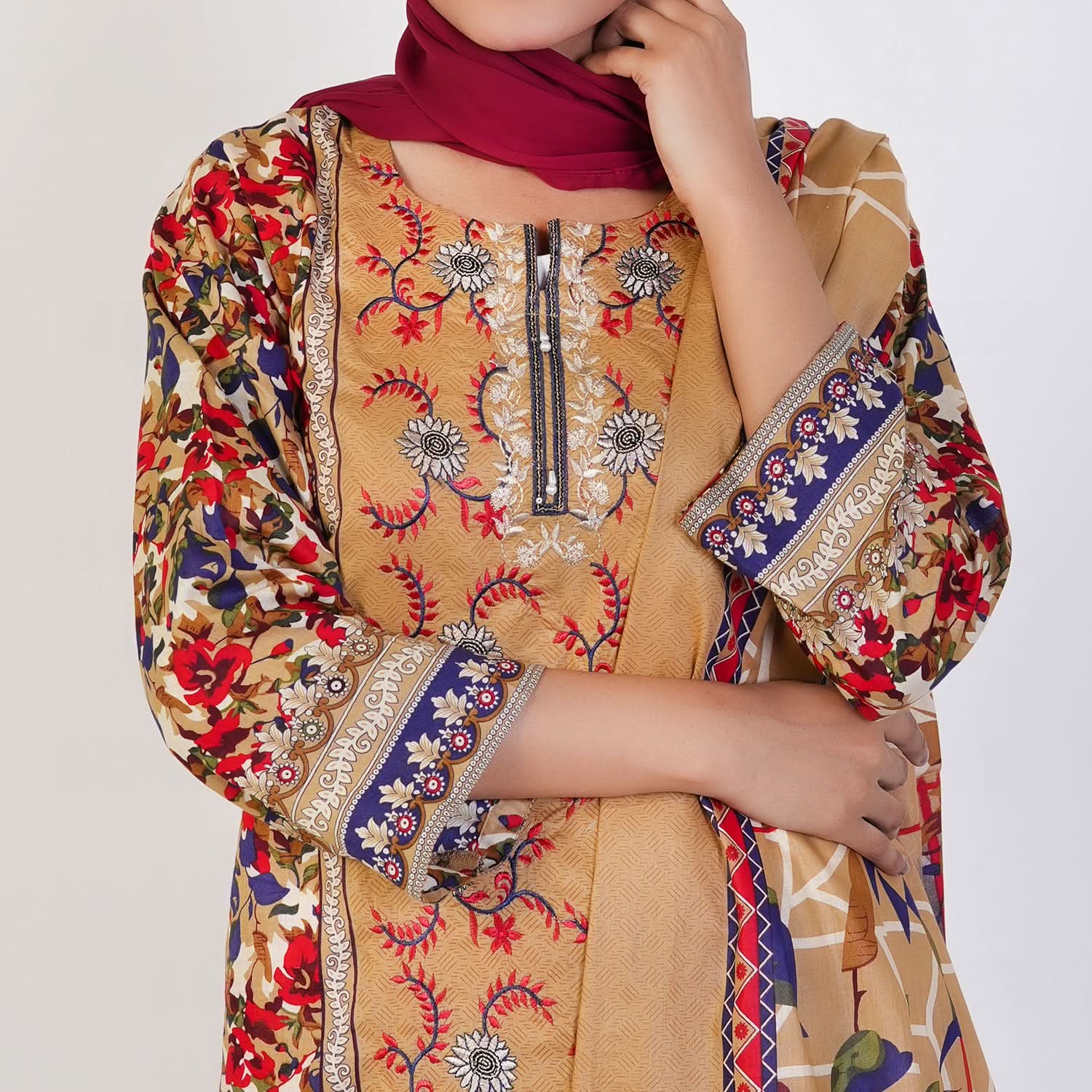 Women's Printed 3 Pcs Suit - Brown, Women Shalwar Suits, Chase Value, Chase Value