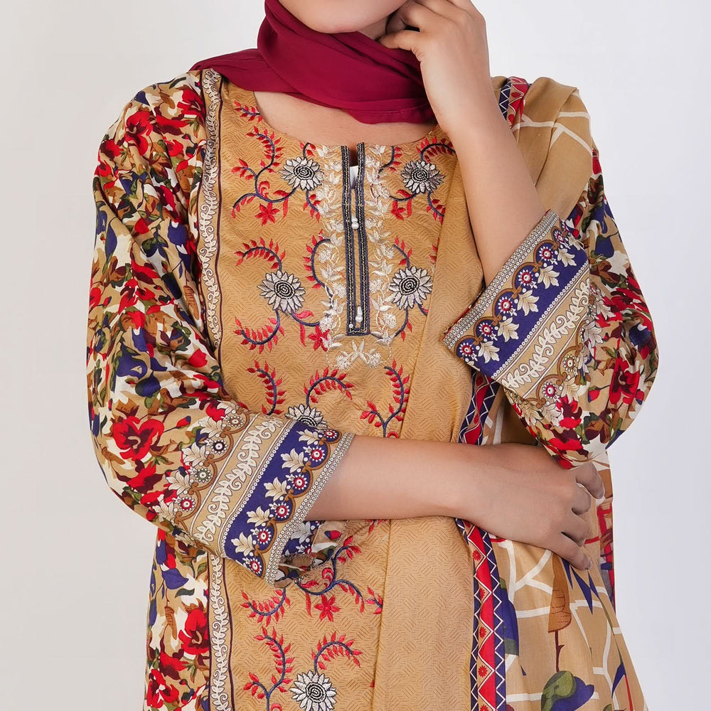 Women's Printed 3 Pcs Suit - Brown, Women Shalwar Suits, Chase Value, Chase Value
