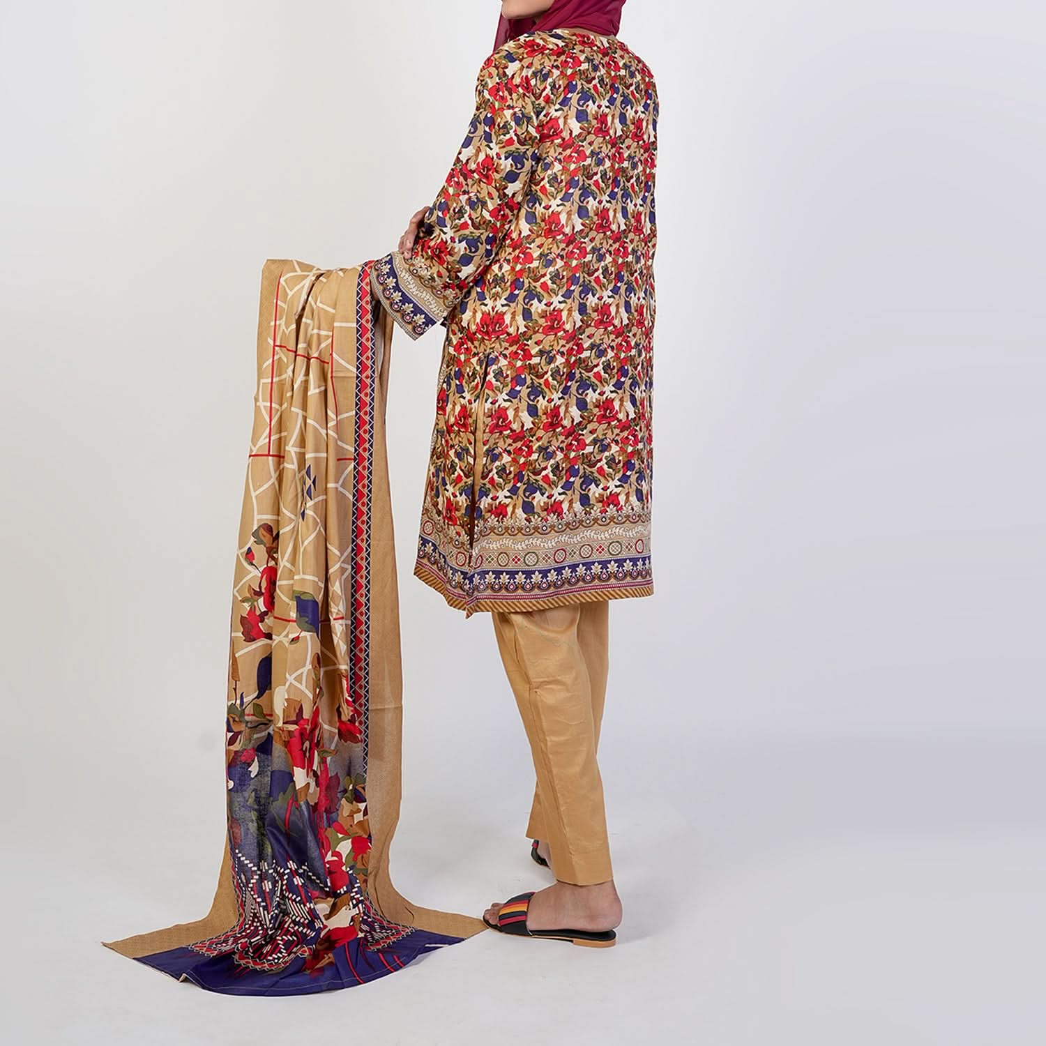 Women's Printed 3 Pcs Suit - Brown, Women Shalwar Suits, Chase Value, Chase Value
