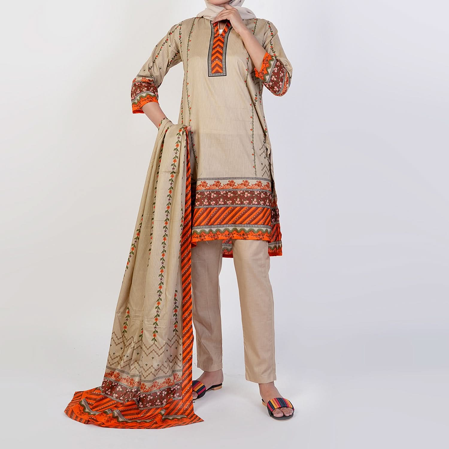 Women's Printed Stitched 3 PCS Suit - Light Brown, Women Shalwar Suits, Chase Value, Chase Value