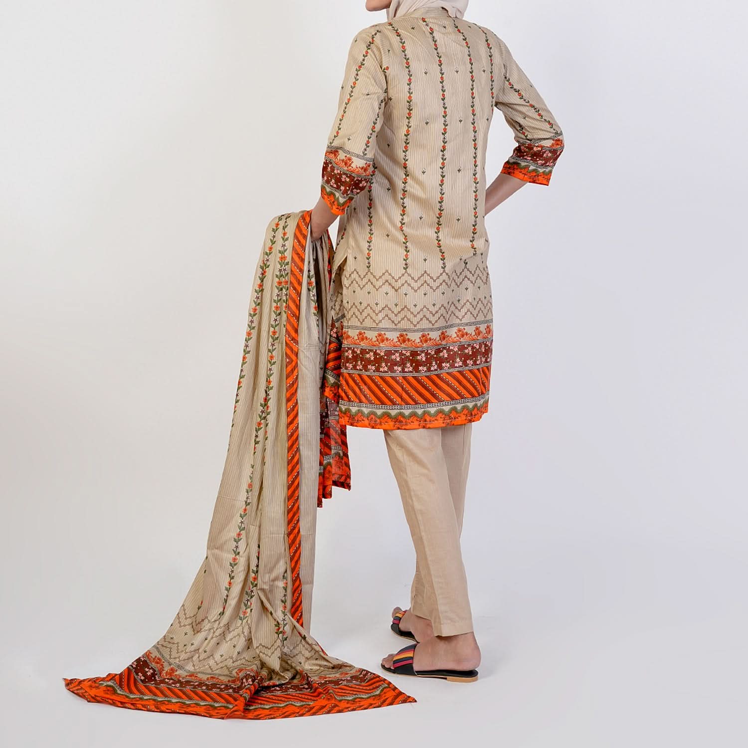 Women's Printed Stitched 3 PCS Suit - Light Brown, Women Shalwar Suits, Chase Value, Chase Value