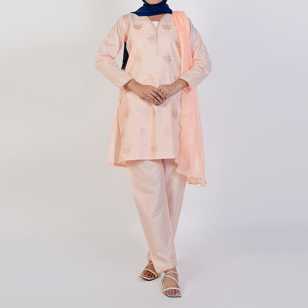 Women's Cotton Embroidered 3Pcs Suit -Peach