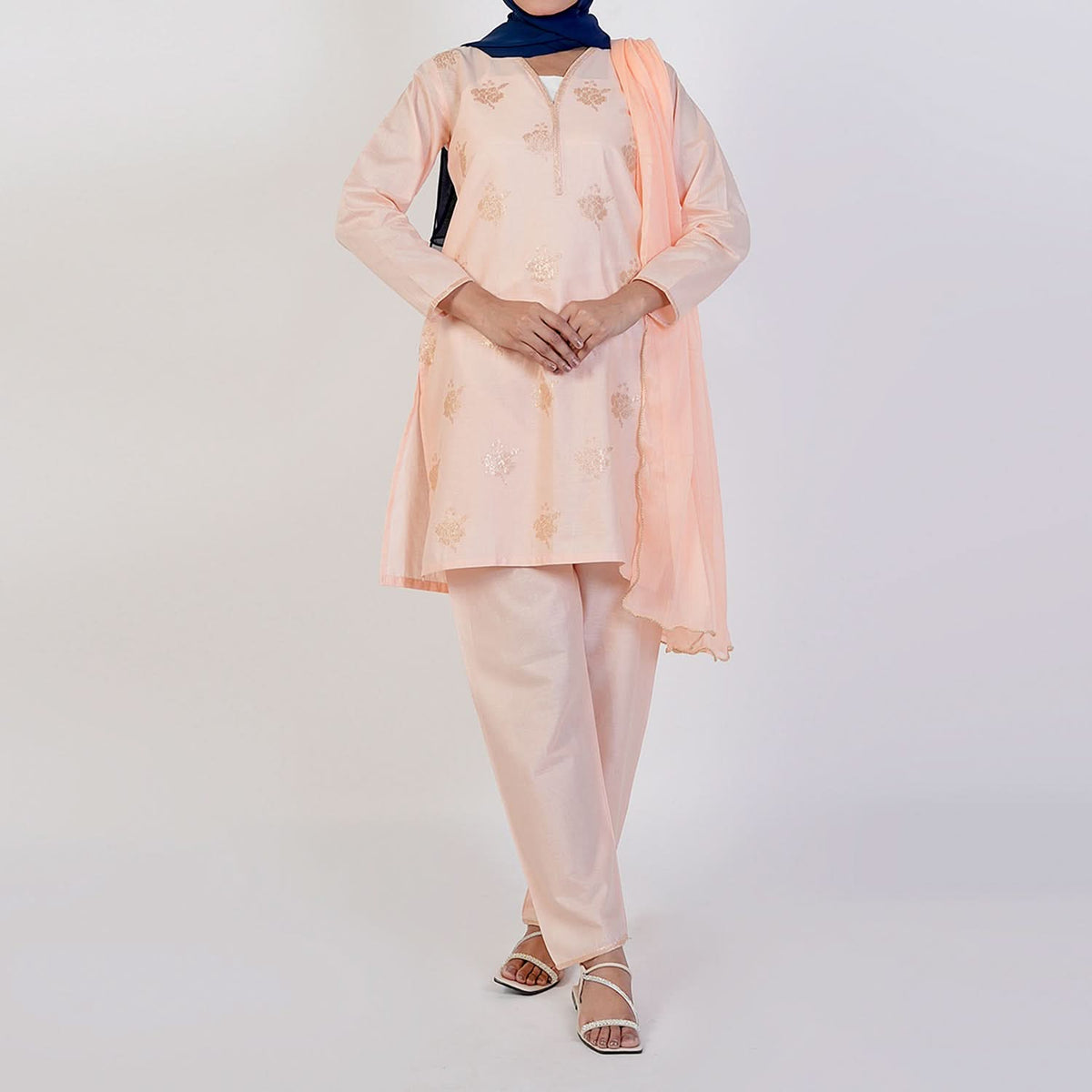 Women's Cotton Embroidered 3Pcs Suit -Peach, Women Shalwar Suits, Chase Value, Chase Value