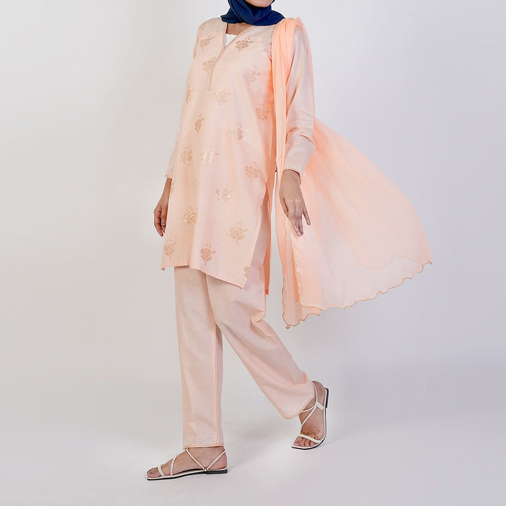 Women's Cotton Embroidered 3Pcs Suit -Peach, Women Shalwar Suits, Chase Value, Chase Value