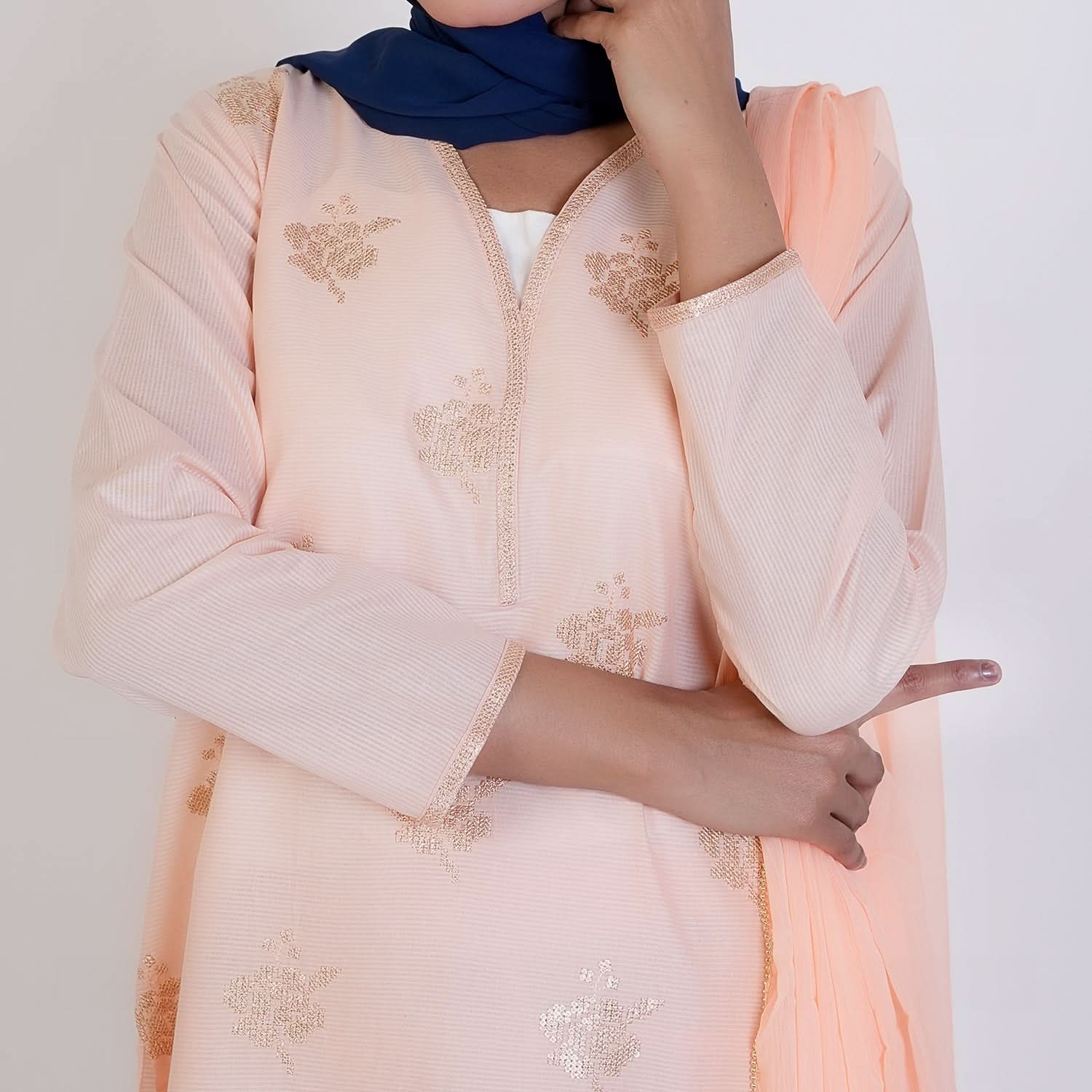 Women's Cotton Embroidered 3Pcs Suit -Peach, Women Shalwar Suits, Chase Value, Chase Value