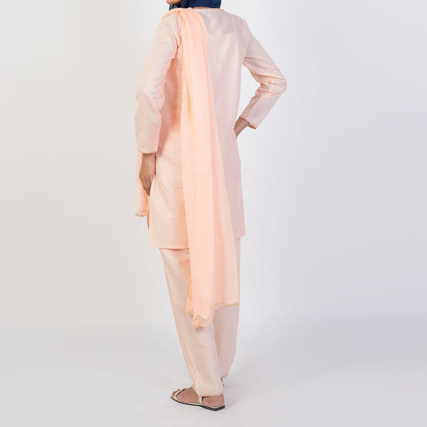 Women's Cotton Embroidered 3Pcs Suit -Peach