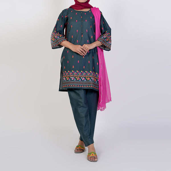 Women's Cotton Embroidered 3Pcs Suit -Steel Green