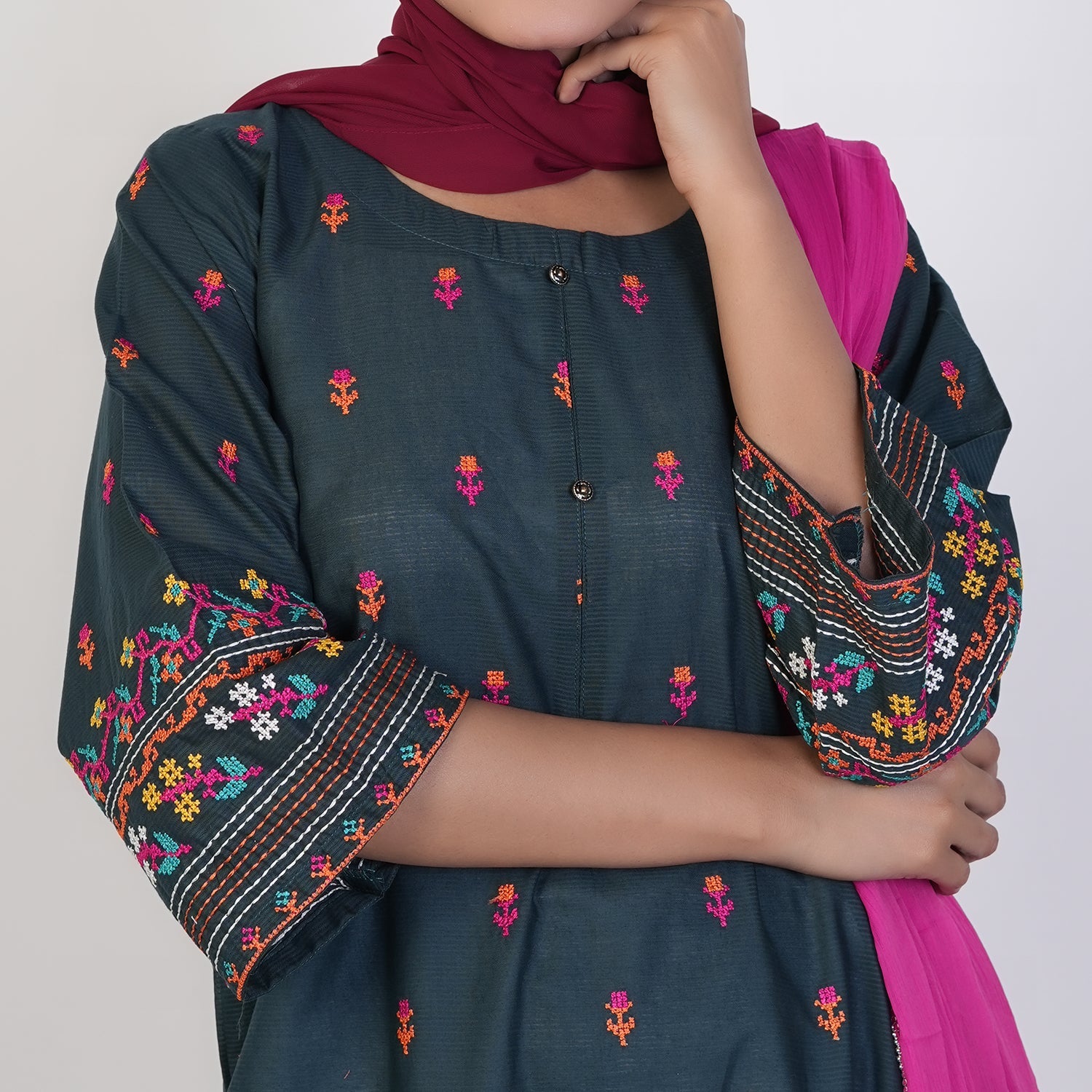 Women's Cotton Embroidered 3Pcs Suit -Steel Green, Women Shalwar Suits, Chase Value, Chase Value