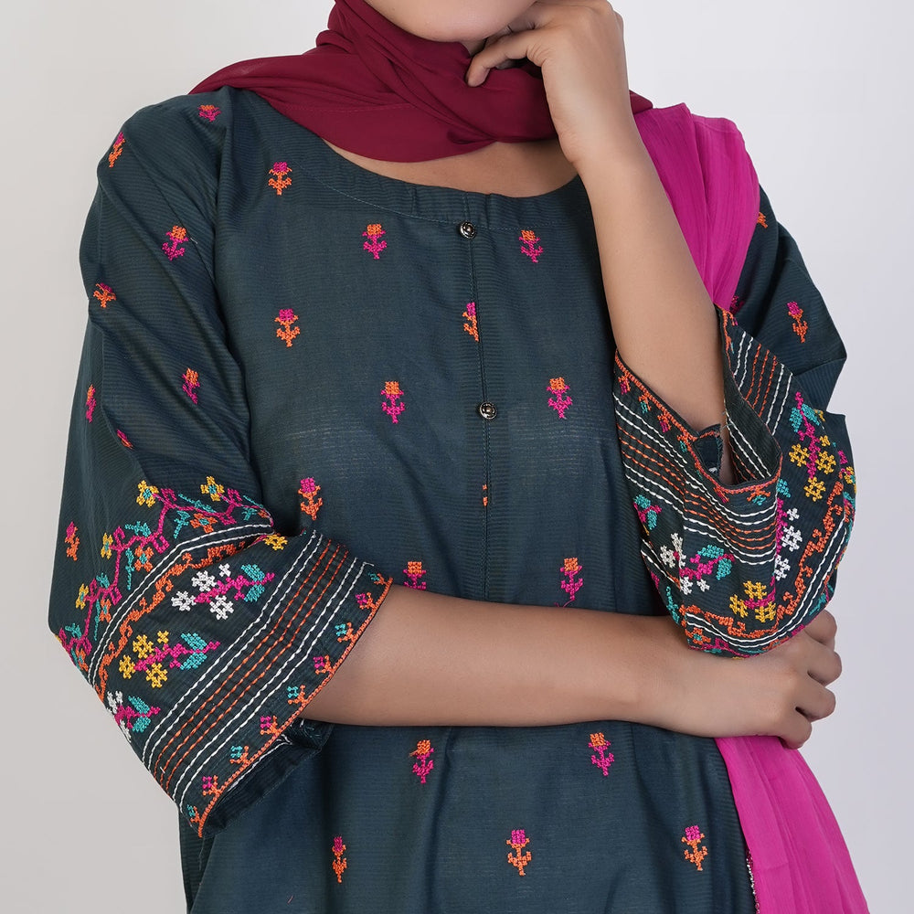 Women's Cotton Embroidered 3Pcs Suit -Steel Green, Women Shalwar Suits, Chase Value, Chase Value
