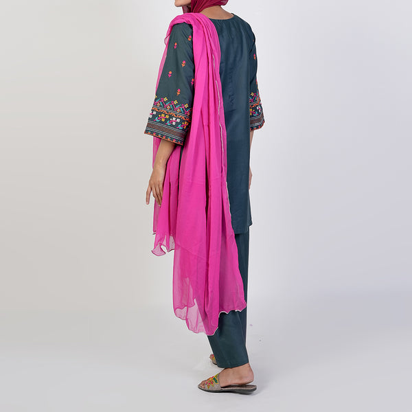 Women's Cotton Embroidered 3Pcs Suit -Steel Green