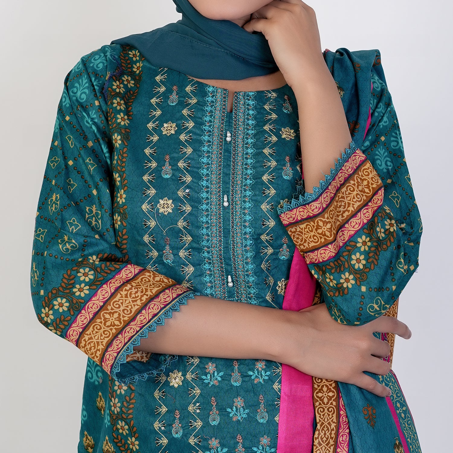 Women's Printed 3 Pcs Suit - Steel Green, Women Shalwar Suits, Chase Value, Chase Value