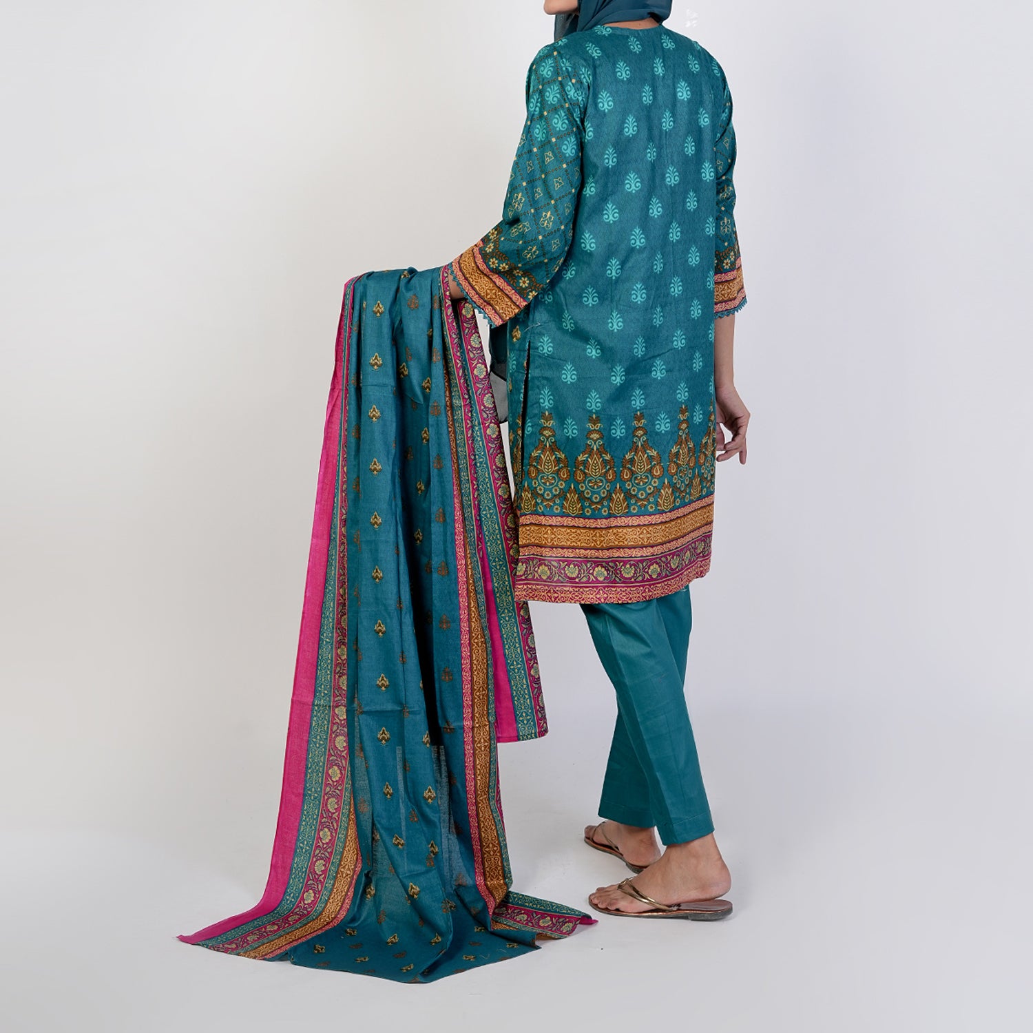 Women's Printed 3 Pcs Suit - Steel Green, Women Shalwar Suits, Chase Value, Chase Value