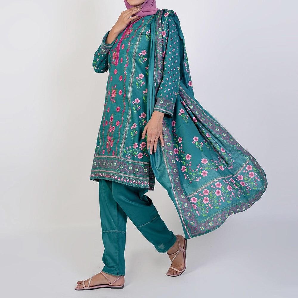 Women’s Stitched 3-Piece Cotton Suit – Dark Green, Women Shalwar Suits, Chase Value, Chase Value
