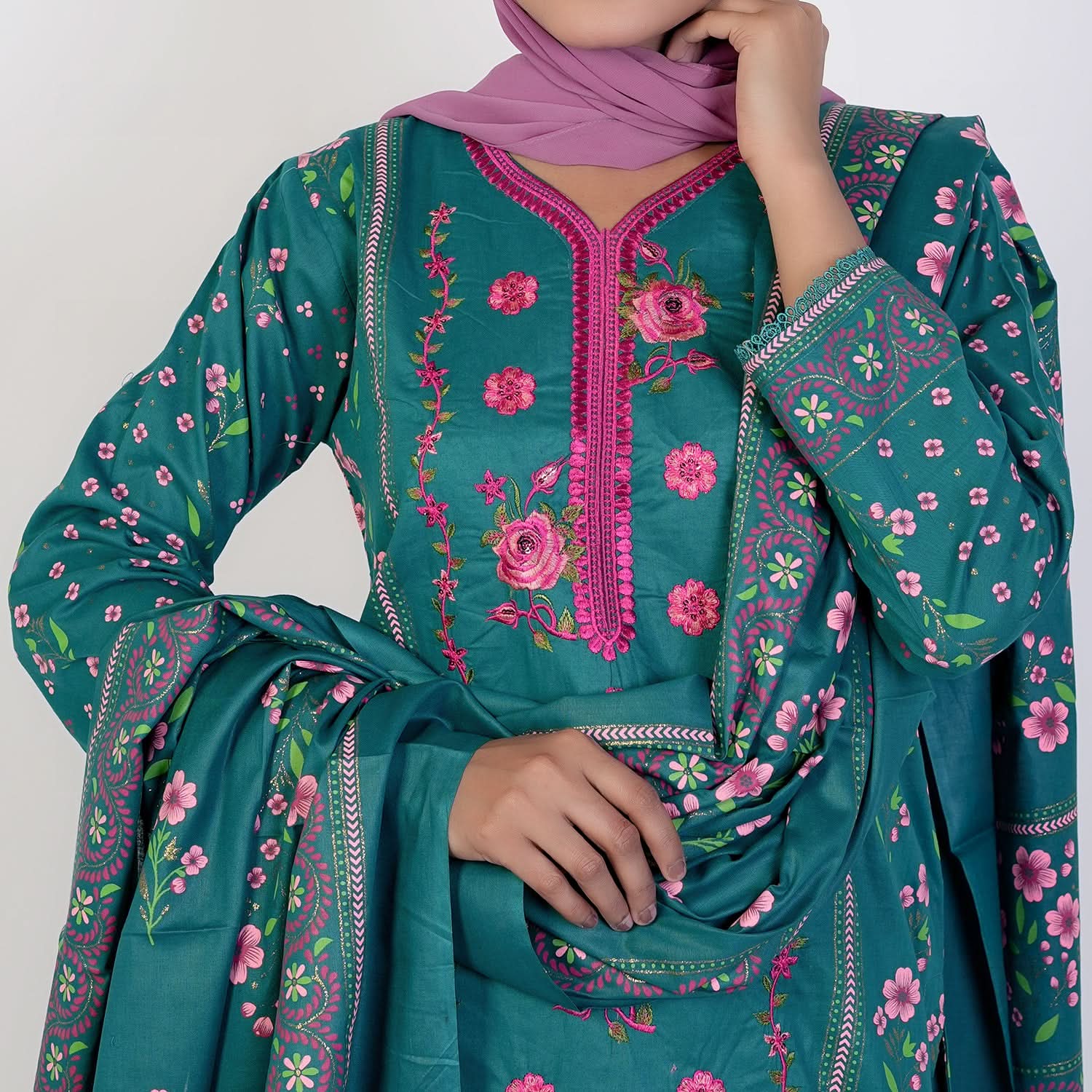 Women’s Stitched 3-Piece Cotton Suit – Dark Green, Women Shalwar Suits, Chase Value, Chase Value