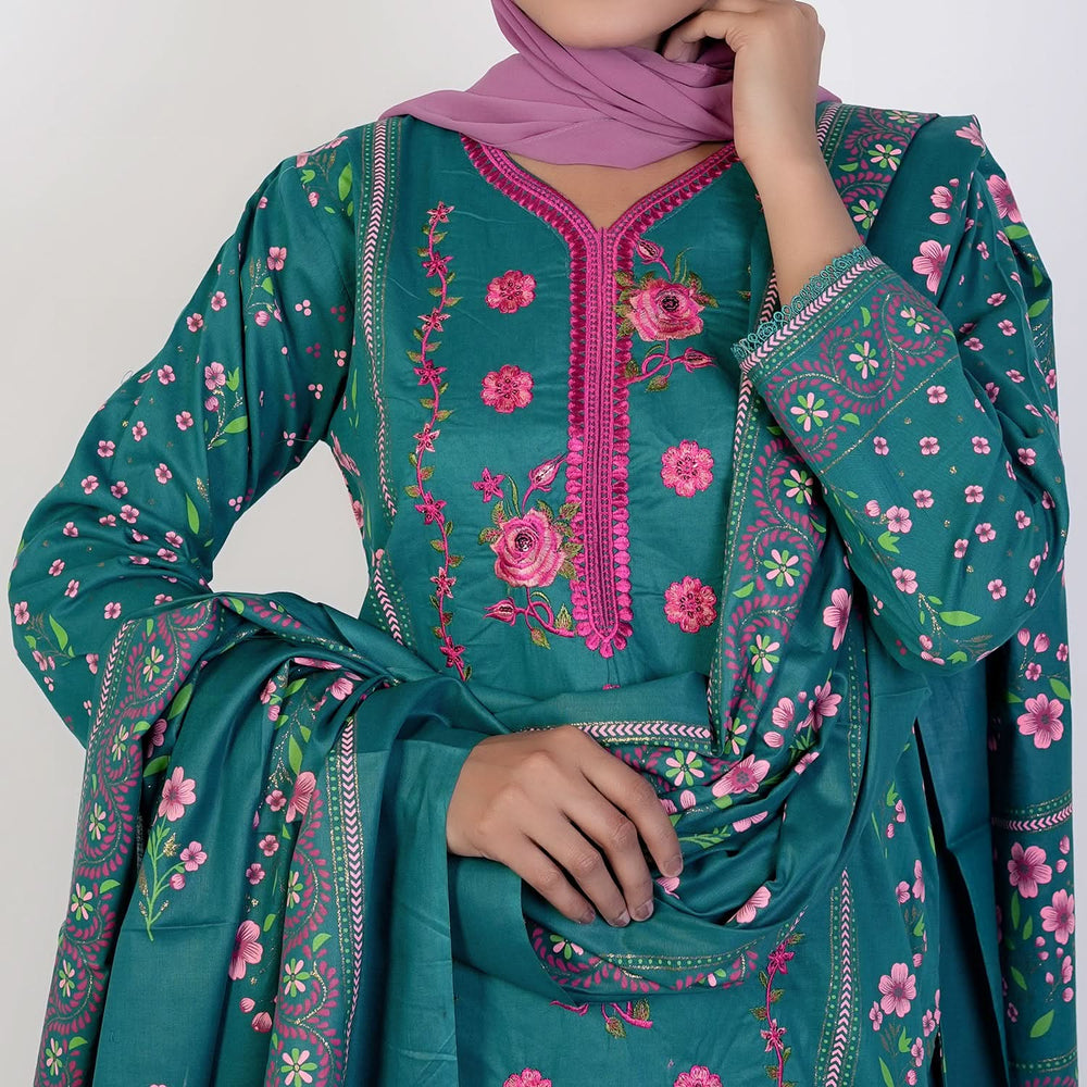 Women’s Stitched 3-Piece Cotton Suit – Dark Green, Women Shalwar Suits, Chase Value, Chase Value
